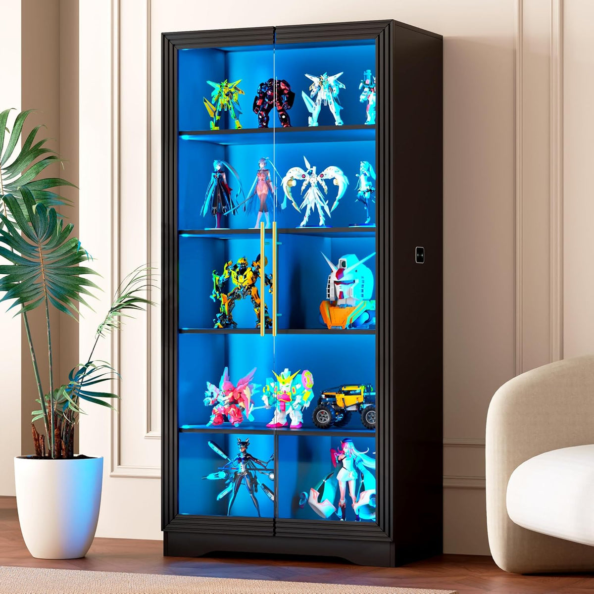 Vitrinekast Zwart – Glazen Vitrine – Vitrinekast – Displaykast – Presentatiekast – 165 x 75 x 40 cm – 4 Verstelbare Planken – 3 Kleuren Ledverlichting