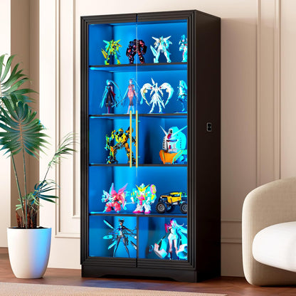 Vitrinekast Zwart – Glazen Vitrine – Vitrinekast – Displaykast – Presentatiekast – 165 x 75 x 40 cm – 4 Verstelbare Planken – 3 Kleuren Ledverlichting