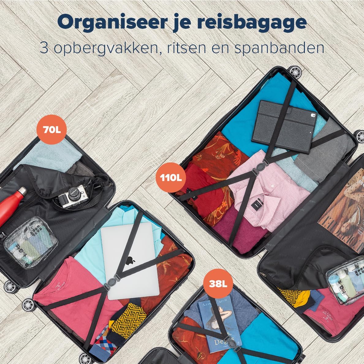 TRVLMORE Kofferset - 3 Delig - 38L Handbagage + 110L Ruimbagage - Lichtgewicht - Trolley - Reiskoffer Set - Donkerblauw