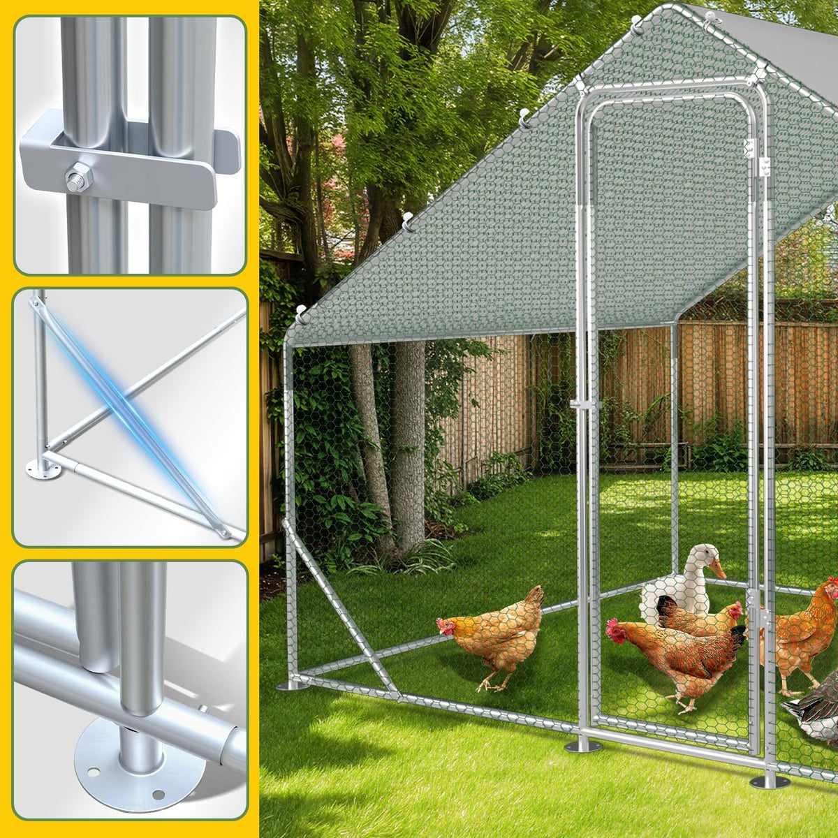 Chicken Coop Outdoor Run 3 x 4 x 2 m, Galvanised Steel Chicken Coop with Door and Lock for Chickens, Rabbits, Geese, Pigeons and Quails, Metal Run with Net - QUORE