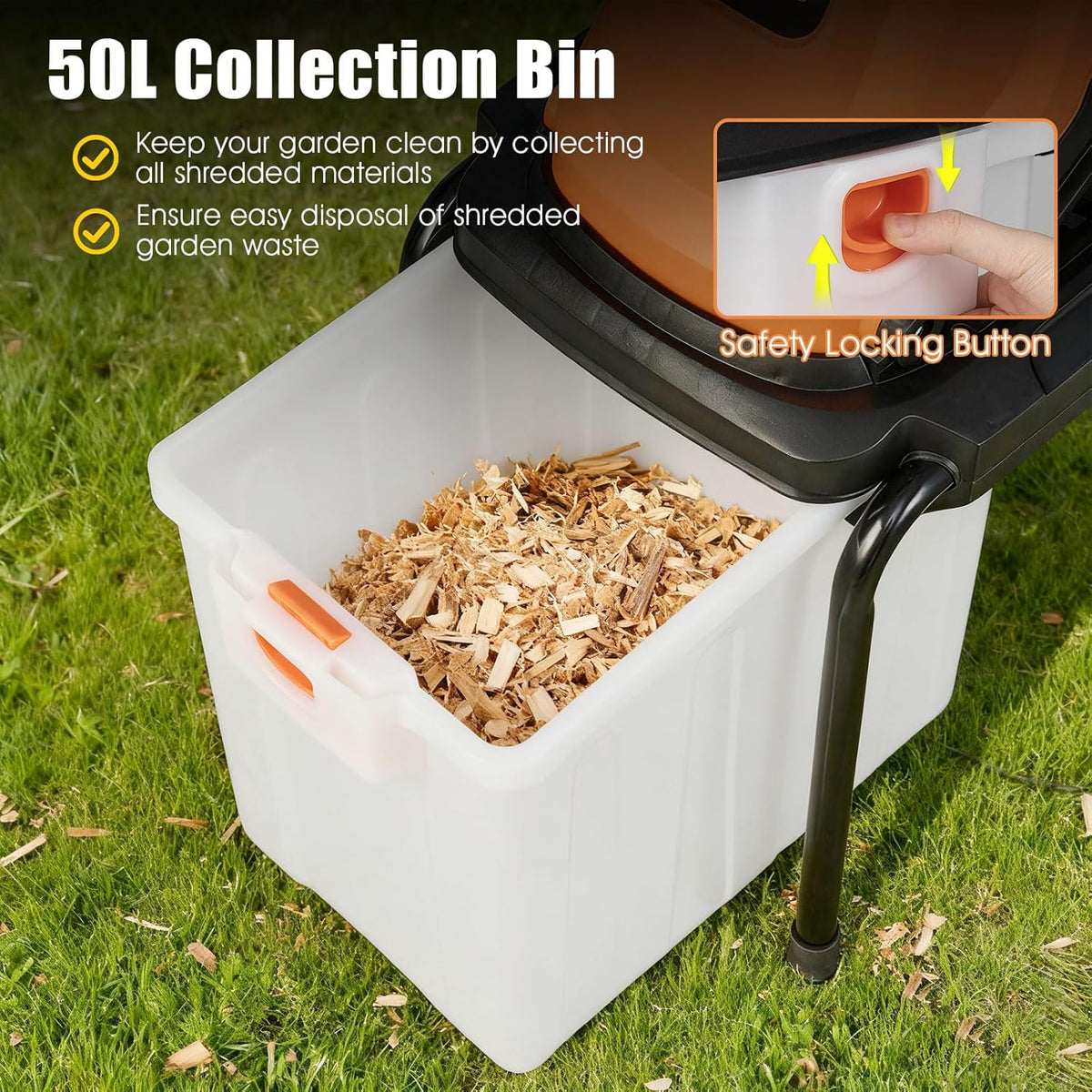 FANTASK Tuinhakselaar, elektrische hakselaar met wielen en 50 l opvangbox, snijdikte 45 mm, elektrische houthakselaar met kabel, messenhakselaar voor tuinreiniging, oranje, 3000 W 55 x 44 x 106 cm