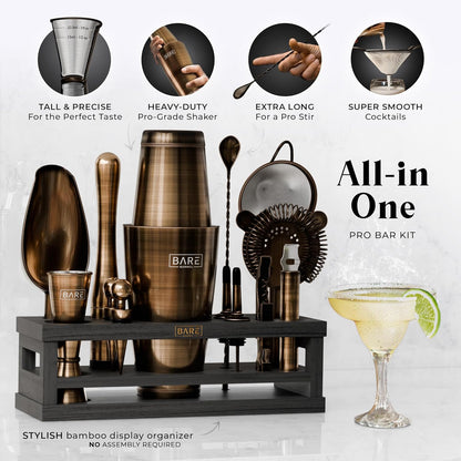 Cocktailset 16-Delige Messing/Zwart – Bartenderset – Cocktailshakerset – Barset – Mixset – Bamboe Display Standaard – 35 Receptkaarten