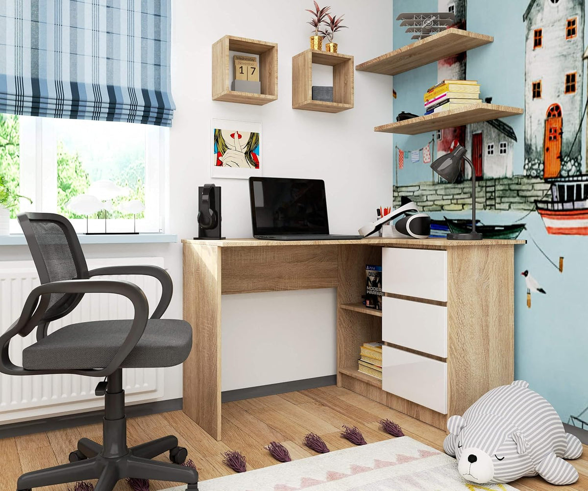 AKORD Corner Desk B-16 with 3 Drawers and 2 Shelves, Corner Desk for Home Office, L124 x H77 x D85, 48 kg, Sonoma Oak and White Front - QUORE