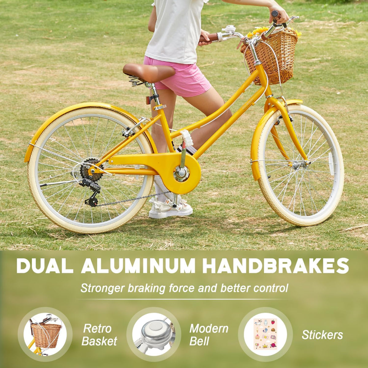 Glerc Missy Cruiserfiets, hybride stadsfiets met 6 Shimano-versnellingen, voor jeugd vanaf 6 jaar, 20, 24 en 26 inch wielen, met rieten mand, lichtgewicht, meerdere kleuren