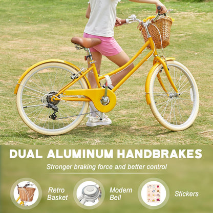 Glerc Missy Cruiserfiets, hybride stadsfiets met 6 Shimano-versnellingen, voor jeugd vanaf 6 jaar, 20, 24 en 26 inch wielen, met rieten mand, lichtgewicht, meerdere kleuren