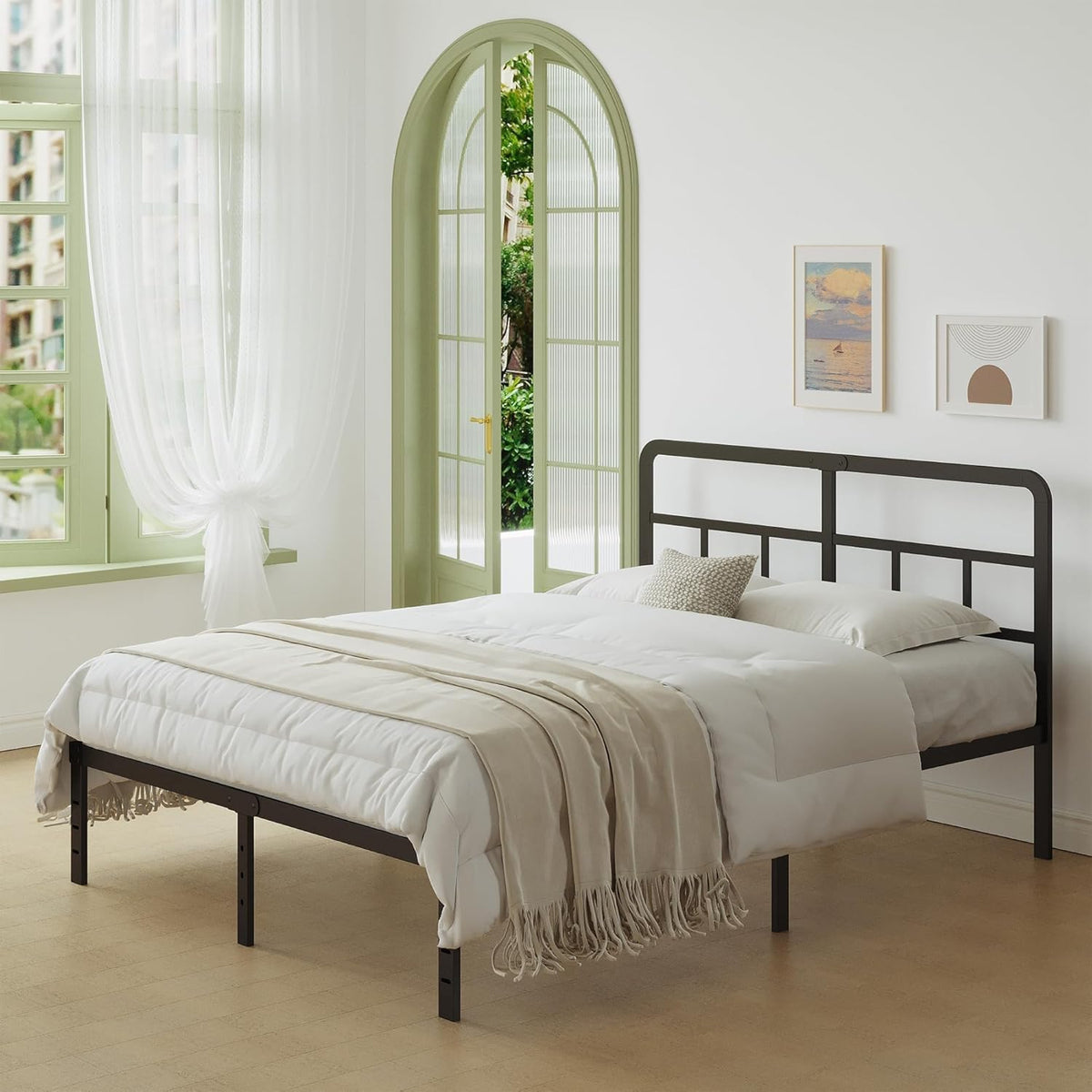 Lutown-Teen Metalen Bed Frame 135 x 190 cm met Gebogen Hoofdbord, Hoogte 36cm, Bedframe 135x190 met Lattenbodem Van Metaal, Opbergruimte onder het bed, Eenvoudige Montage, Zwart