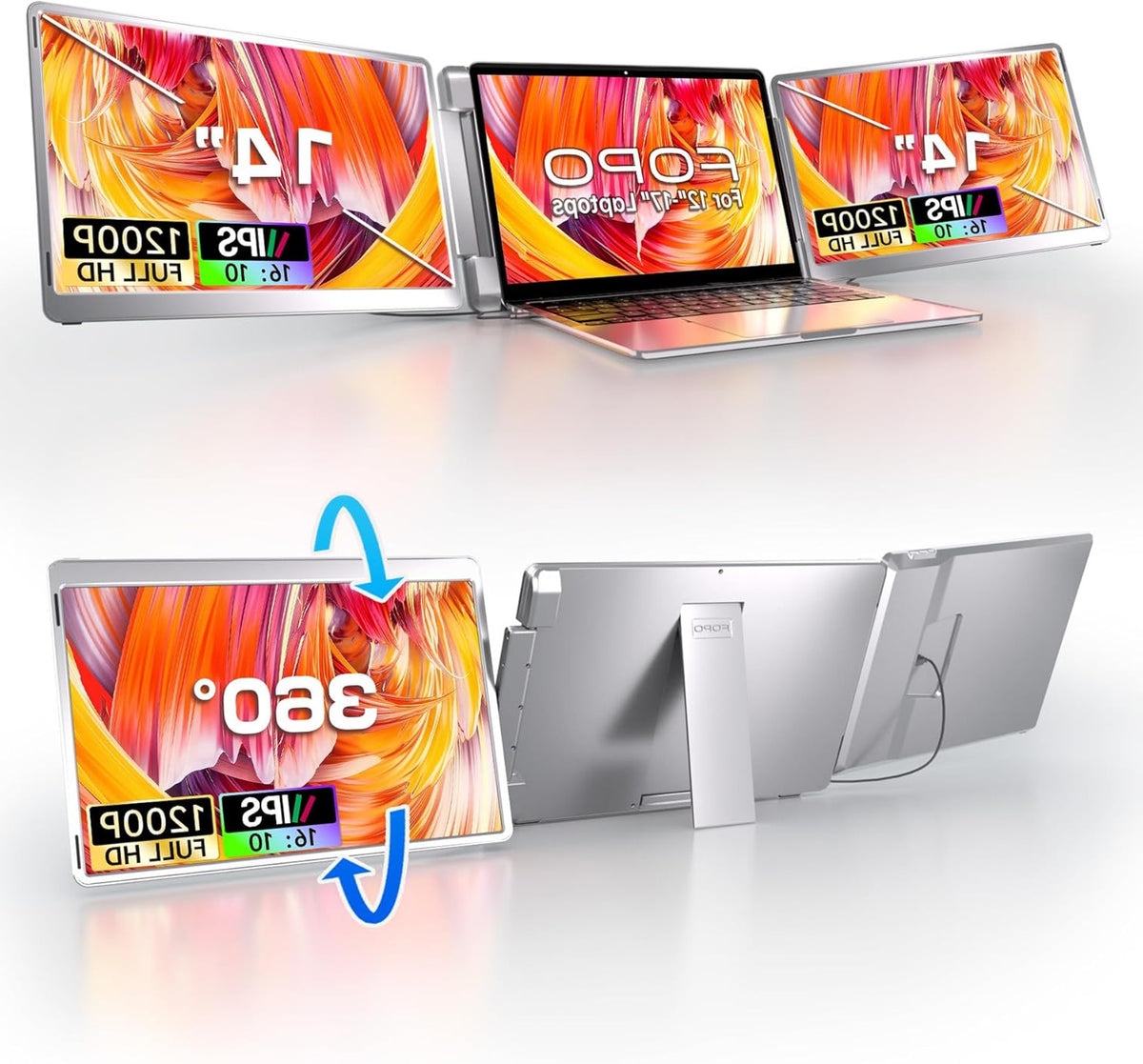 FOPO 14" Triple Monitor Laptop Screen Extender-FHD 1200P 16:10 Portable Monitor for 12-16.5" Laptops with HDMI/USB-C, Plug & Play - S7 - QUORE