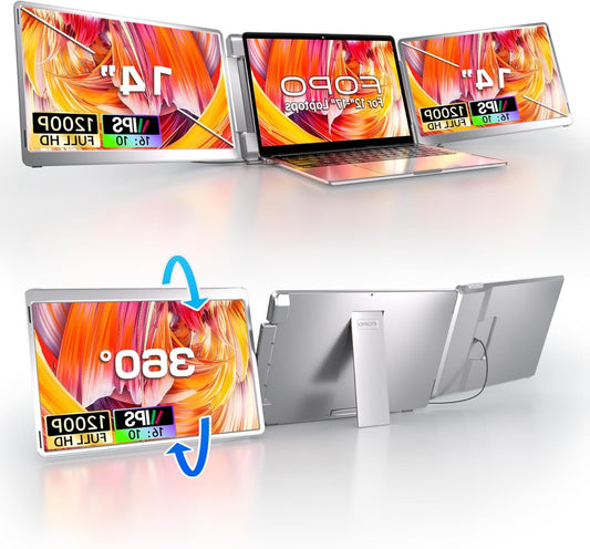 FOPO 14" Triple Monitor Laptop Screen Extender-FHD 1200P 16:10 Portable Monitor for 12-16.5" Laptops with HDMI/USB-C, Plug & Play - S7 - QUORE