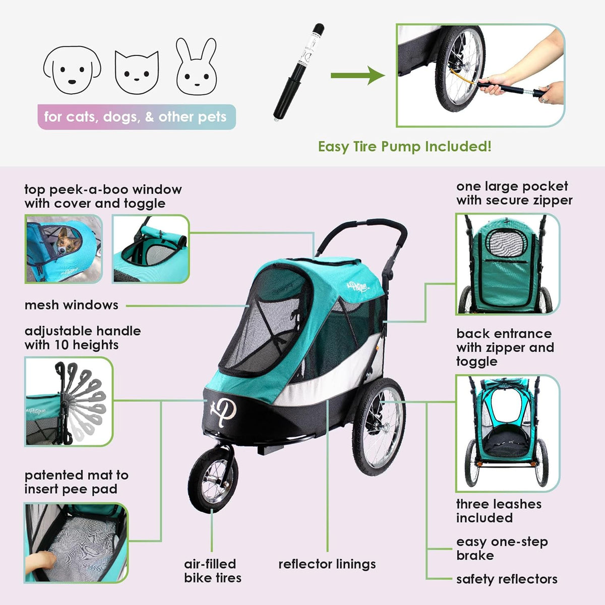 Petique Trailblazer Jogger Hondenwagen voor middelgrote honden & katten, luchtbanden, verstelbare handgreep, Pee Pad, 3 lijnen, regenhoes, fietsadapter - Kleur: Neptune