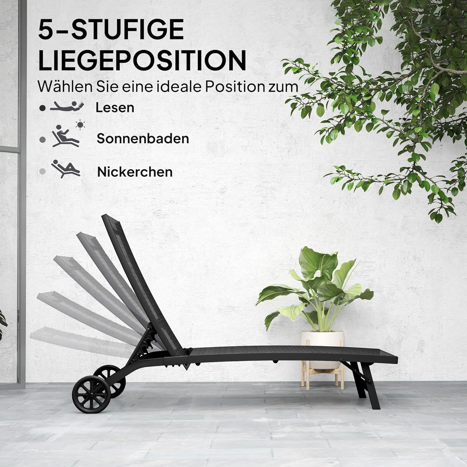 Outsunny Sonnenliege mit Rolle, Gartenliege Alu Liegestuhl mit 5-Fach verstellbare Rückenlehne, wetterfeste Campingliege, Gartenstuhl bis 150 kg load bar, für Garten Urlaub Strand Pool, Schwarz - QUORE