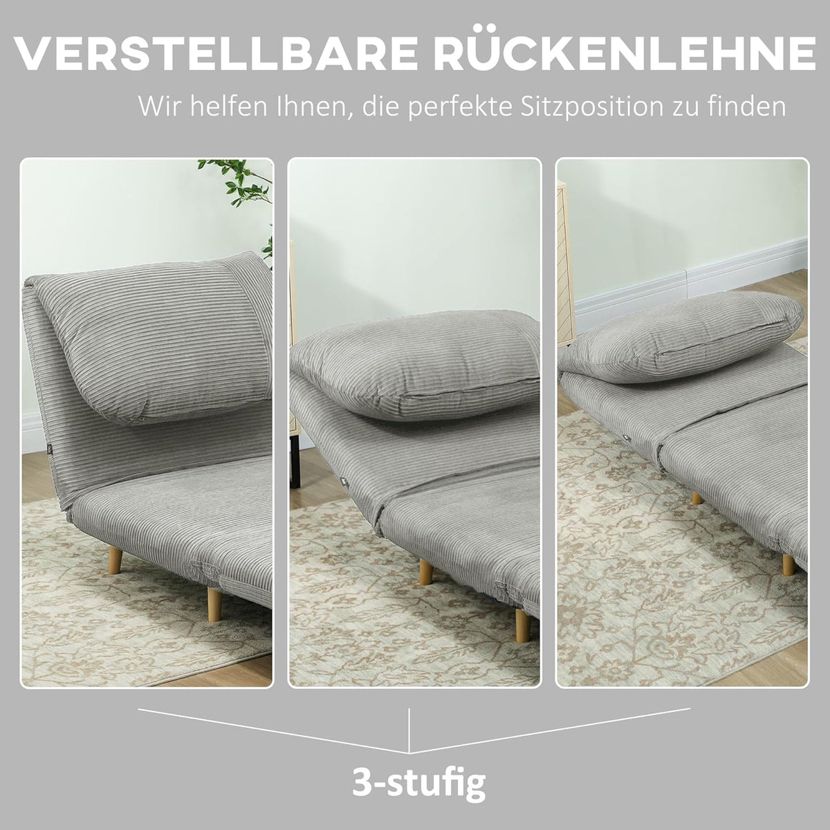 HOMCOM 2-in-1 Schlafsofa Schlafsessel Verstellbar Klappmatratze Gästebett im Cord-Optik, für Schlafzimmer, Wohnzimmer Grau 82 x 89 x 83 cm - QUORE