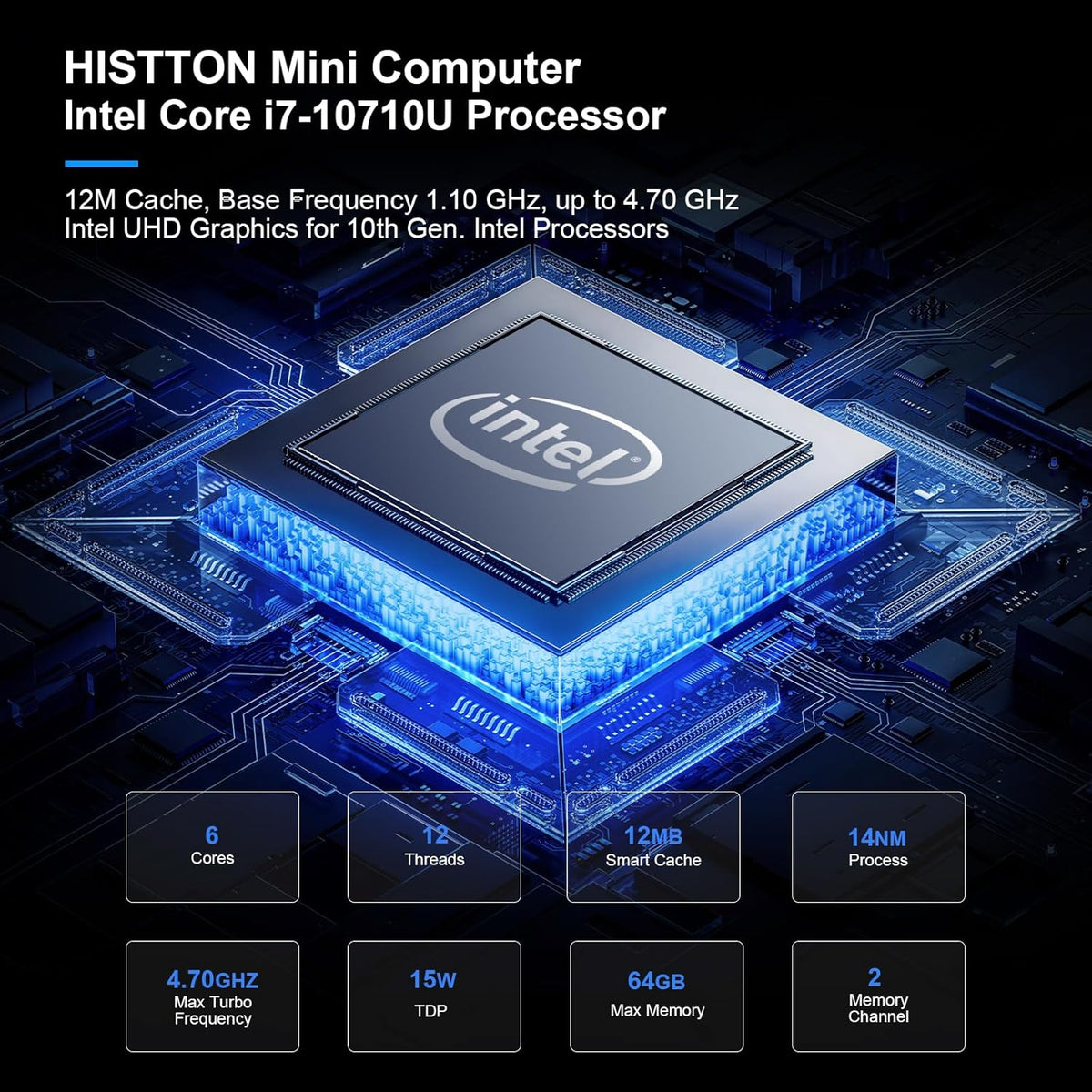 HISTTON Mini PC Zonder Ventilator Core i7-10710U, DDR4 16GB RAM 512GB M.2 SSD, Industriële PC Met 6 RS232 COM, HD+DP+Typ-C Drievoudig Display, 2LAN/8USB/WiFi5/BT4.2, Mini Computer Windows 11 Pro
