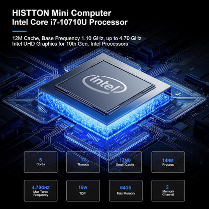HISTTON Mini PC Zonder Ventilator Core i7-10710U, DDR4 16GB RAM 512GB M.2 SSD, Industriële PC Met 6 RS232 COM, HD+DP+Typ-C Drievoudig Display, 2LAN/8USB/WiFi5/BT4.2, Mini Computer Windows 11 Pro