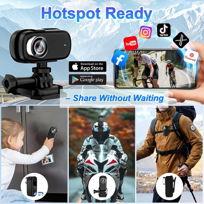 Mini Action Cam WiFi met scherm, 4K UHD en 150° groothoek, IP65 waterdichte bodycam 4K 64GB, draagbare anti-shake helmcamera motorfiets - ideaal voor sport en outdooractiviteiten