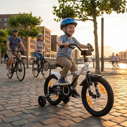 PROMETHEUS BICYCLES Kinderfiets, 16 inch vanaf 5 jaar, kinderfiets, meisjes, jongens, fiets met steunwielen, terugtraprem, in wit en zwart