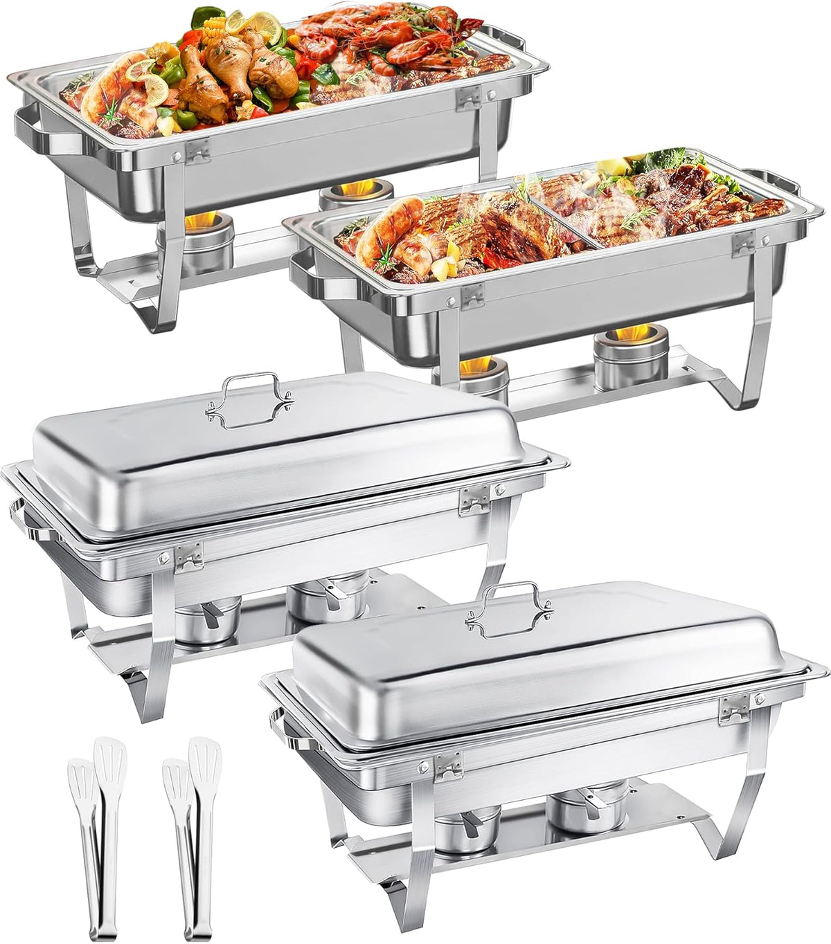 Chafing Dish Buffet Set 9L, Eenvoudig te Monteren, 2-Pack Voedselveilig RVS Warmhoudbakken, Opvouwbaar Frame [Veilig Afgerand Randontwerp], Voedselwarmer voor Catering Buffet en Elk Feest (1/2+1/1 GN)