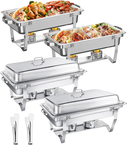 Chafing Dish Buffet Set 9L, Eenvoudig te Monteren, 2-Pack Voedselveilig RVS Warmhoudbakken, Opvouwbaar Frame [Veilig Afgerand Randontwerp], Voedselwarmer voor Catering Buffet en Elk Feest (1/2+1/1 GN)