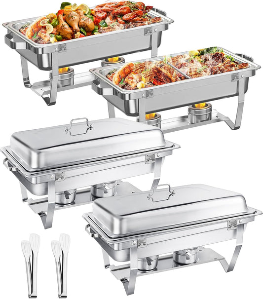 Chafing Dish Buffet Set 9L, Eenvoudig te Monteren, 2-Pack Voedselveilig RVS Warmhoudbakken, Opvouwbaar Frame [Veilig Afgerand Randontwerp], Voedselwarmer voor Catering Buffet en Elk Feest (1/2+1/1 GN)
