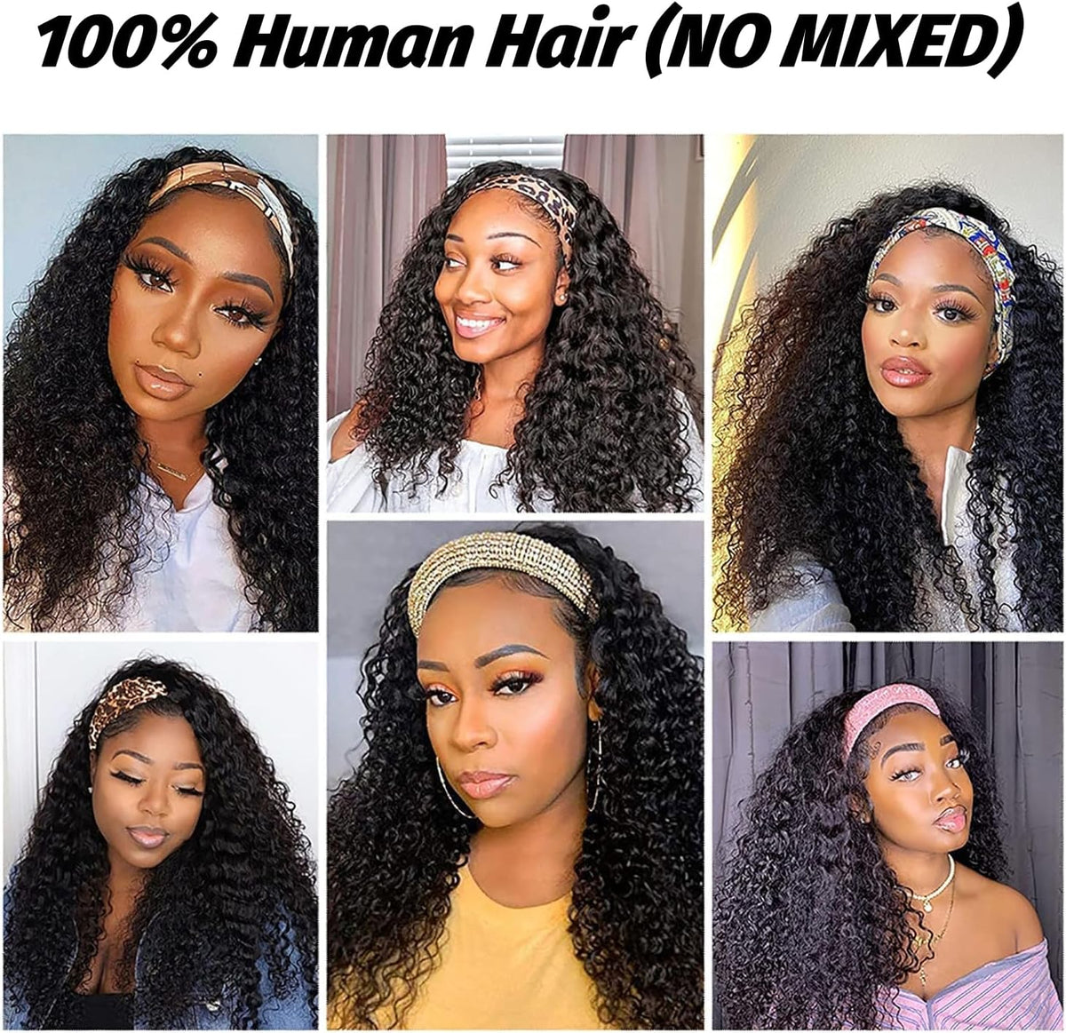 Pruik met haarband – Braziliaanse pruik – Hoofdbandpruik – Menselijk haar pruik – Pruik zonder lijm – 100% Echt Remy Mensenhaar – 66 cm, 150%, Krullend, Natuurlijke Kleur