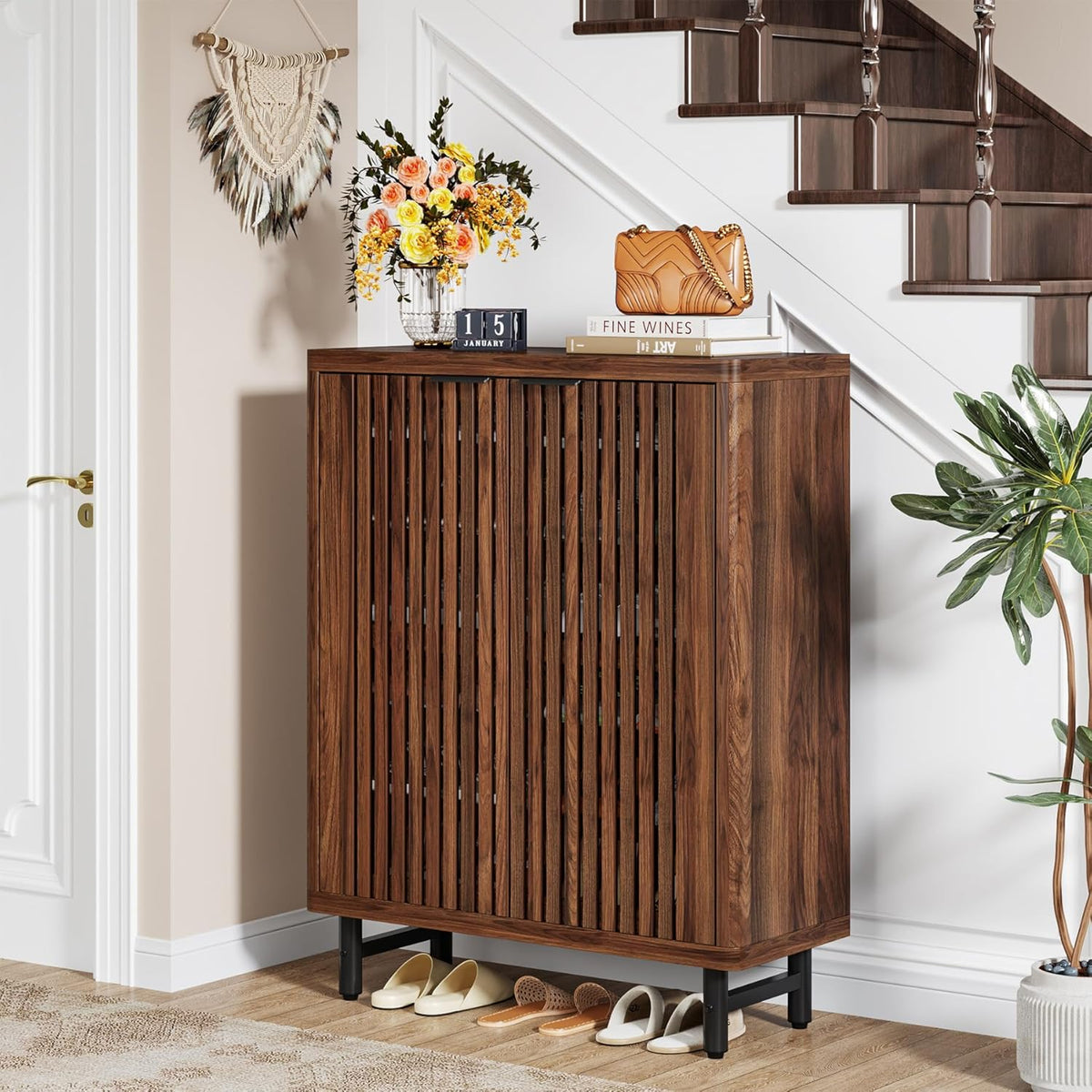 Tribesigns 6 Tier Shoe Cabinet with Canopy Doors, Large Wooden Shoe Storage Cabinet with Adjustable Shelves, Modern Freestanding Shoe Organizer Cabinet for Entrance, Hallway (Walnut)