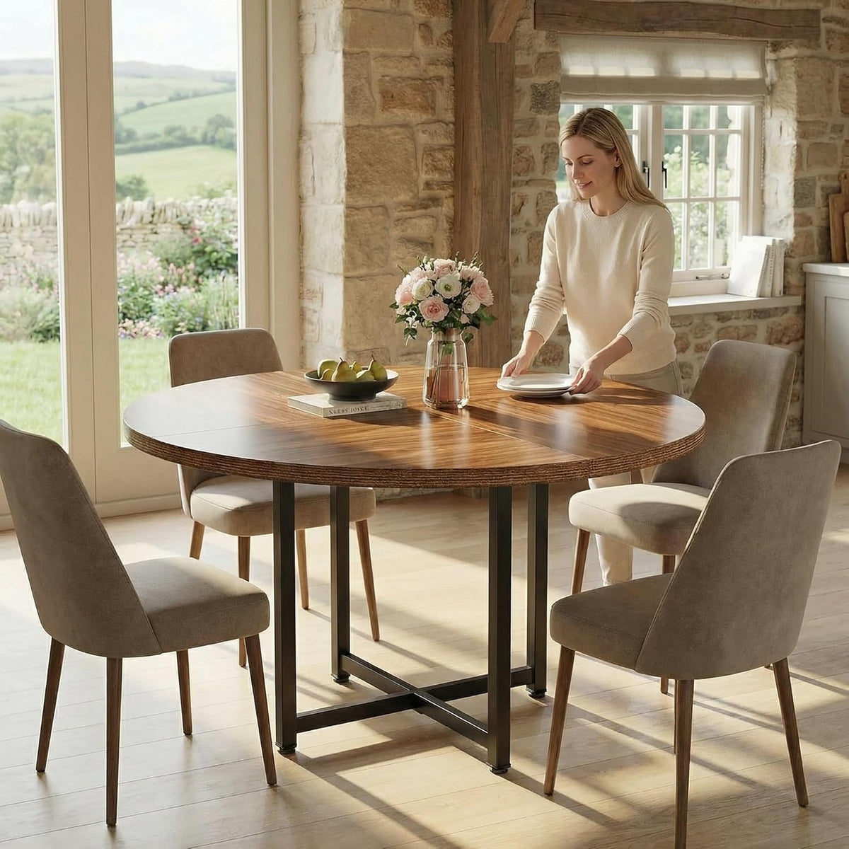 Ronde Eettafel – Ronde Tafel – Eettafel Rond – Kleine Eettafel – Keukentafel Rond – 120 cm Diameter – Industrieel Metalen Onderstel