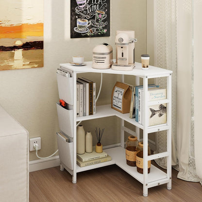VEDECASA White Printer Table, Corner Printer Stand 3 Layer, Printer Table with Charging Station, Printer Stand on 2 Sockets and 2 USB Ports, Side Pockets, Adjustable Feet, CPU Stand Holder for - QUORE