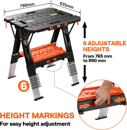 Opvouwbare Werkbank – Zaagbok – Klusbank – Werktafel – Zaagpaard – 2-in-1 Multifunctioneel – 227 kg Werkbelasting & 6 Verstelbare Hoogtes