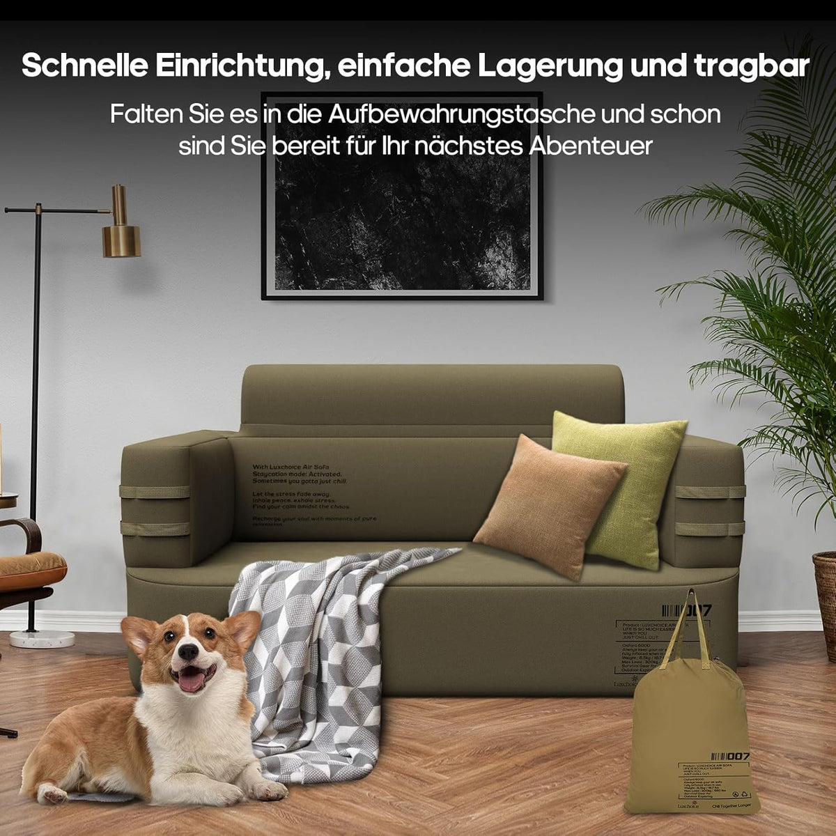 Opblaasbare sofa, camping, luchtbank, campingbank, opblaasbare bank, outdoor luchtsofa met armleuning en draagbare pomp