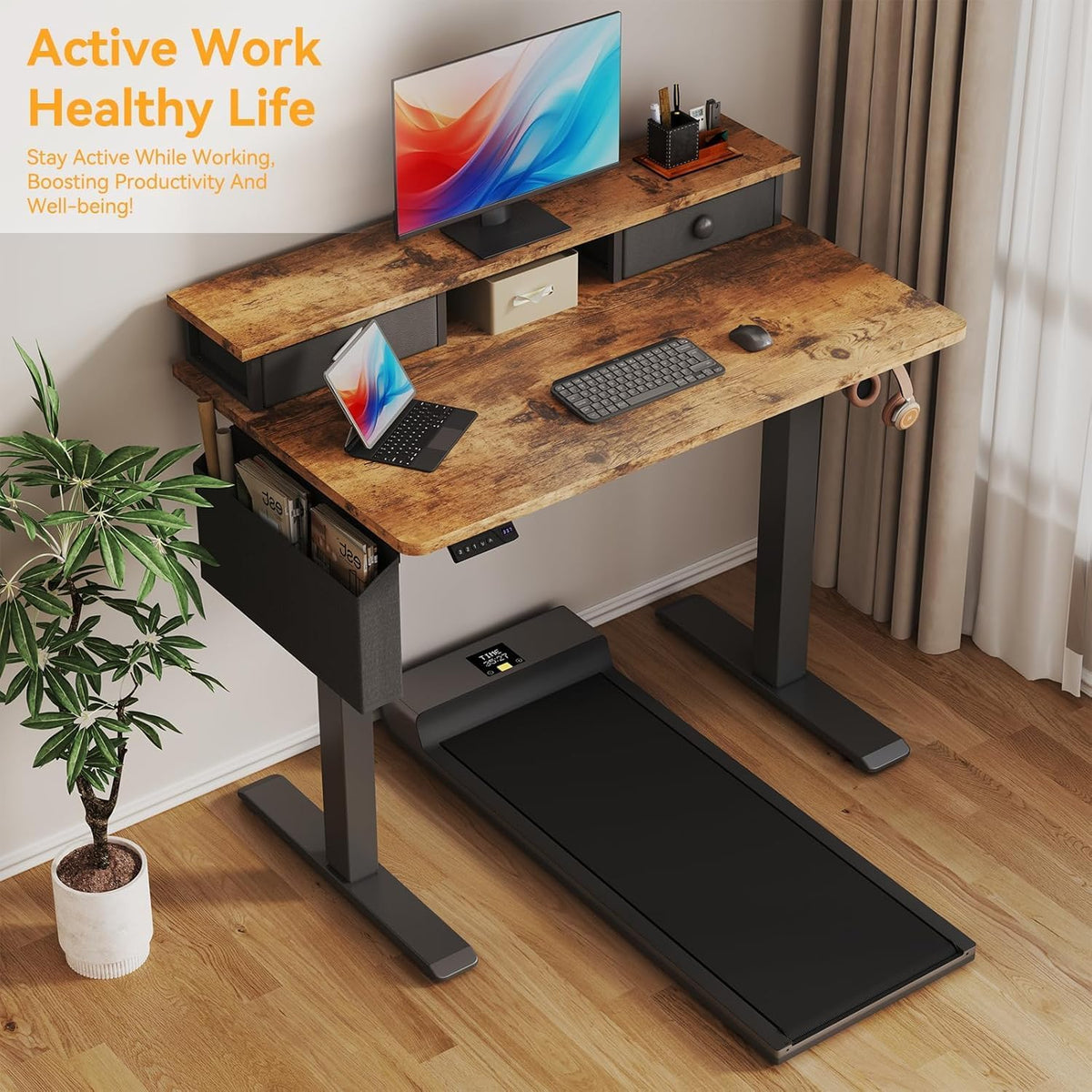 Lufeiya Elektrisch staand bureau, in hoogte verstelbaar, 101 cm (101 cm) zit-sta bureau met lade, klein sta-bureau