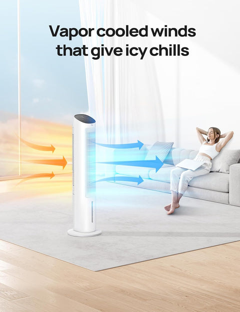 Luchtkoeler - Aircooler - Torenventilator - 40inch Ventilator - Verdampingskoeler - met Waterkoeling - Stil - 80° Draaifunctie - 3 modi - 4 Snelheden - Afstandsbediening - Wit