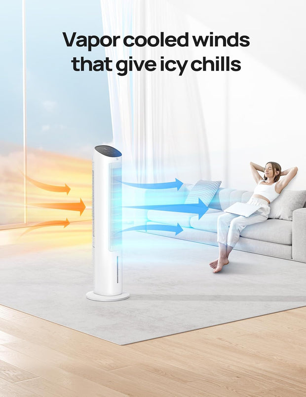 Luchtkoeler - Aircooler - Torenventilator - 40inch Ventilator - Verdampingskoeler - met Waterkoeling - Stil - 80° Draaifunctie - 3 modi - 4 Snelheden - Afstandsbediening - Wit