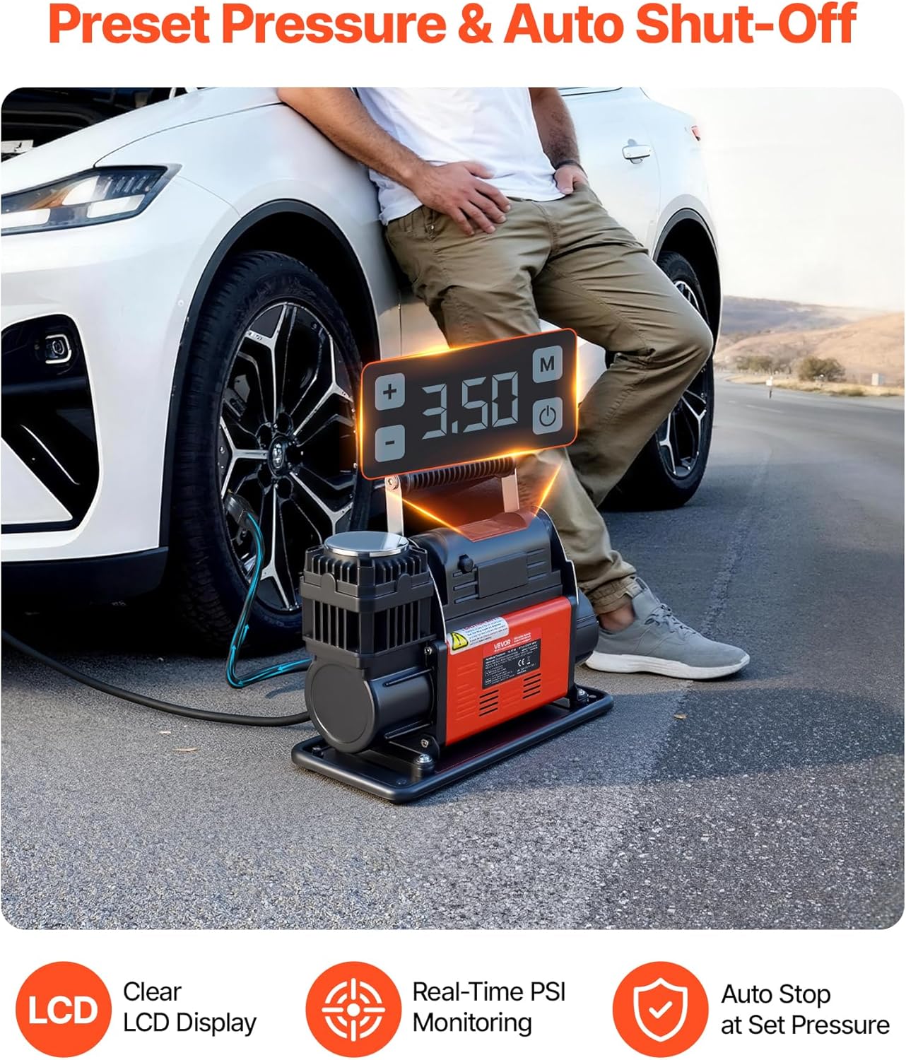 Draagbare Luchtcompressor – Bandenpomp – Banden Inflator – Luchtpomp – Compressor – Automatische Uitschakeling – Digitaal LCD-Display – 202 L/Min – 10,3 Bar
