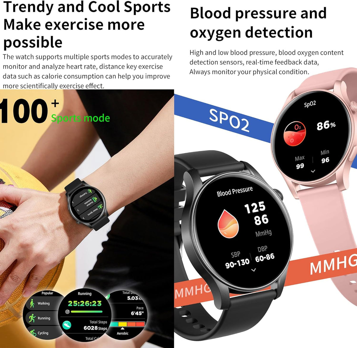 Smartwatch Damen met Bluetooth Bellen, 1,43" AMOLED Touchscreen Slimme Horloge, 5ATM Waterdicht 123 Sporthorloges, SpO2, Hartslagmeter, Slaapmonitor, Fitnesstrackerhorloge voor Android iOS (Roze)