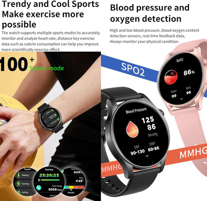 Smartwatch Damen met Bluetooth Bellen, 1,43" AMOLED Touchscreen Slimme Horloge, 5ATM Waterdicht 123 Sporthorloges, SpO2, Hartslagmeter, Slaapmonitor, Fitnesstrackerhorloge voor Android iOS (Roze)