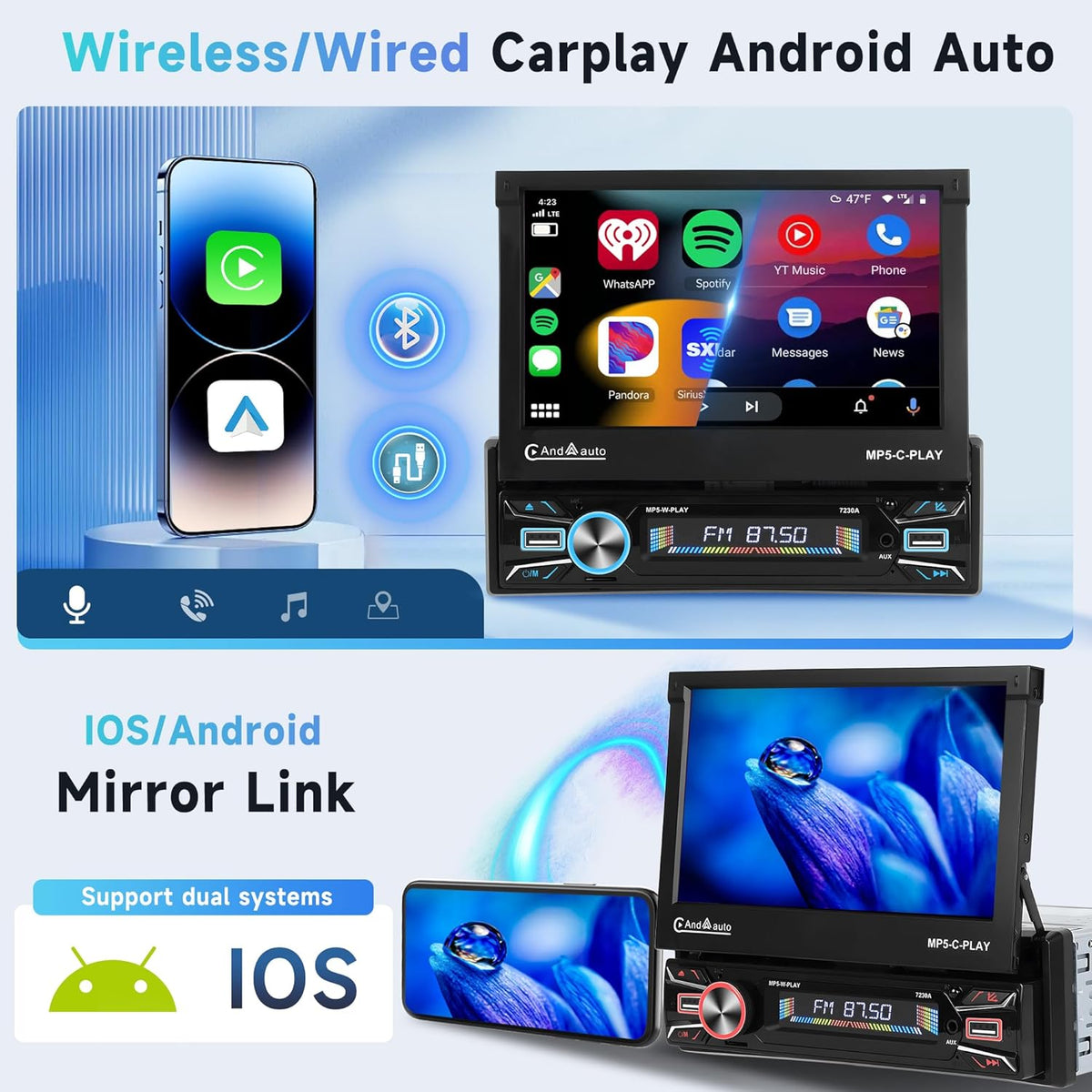 2G+64G Draadloze Carplay Android 13 Autoradio 1 Din met Android Auto Navi GPS WiFi 7 inch Auto Uitbreidbaar Scherm Autoradio met Mirror Link Bluetooth FM/RDS/DAB/SWC/EQ/DVR Achteruitrijcamera