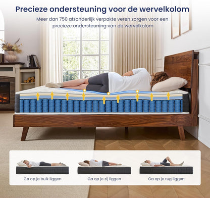 Coolvie Pocketveringmatras, 140 x 200 cm, 7-zones, ergonomisch matras, gemiddelde hardheidsgraad van 20 cm, beweging, isolerend, pocketveringmatras, matras met gel-traagschuim, Oeko-Tex gecertificeerd