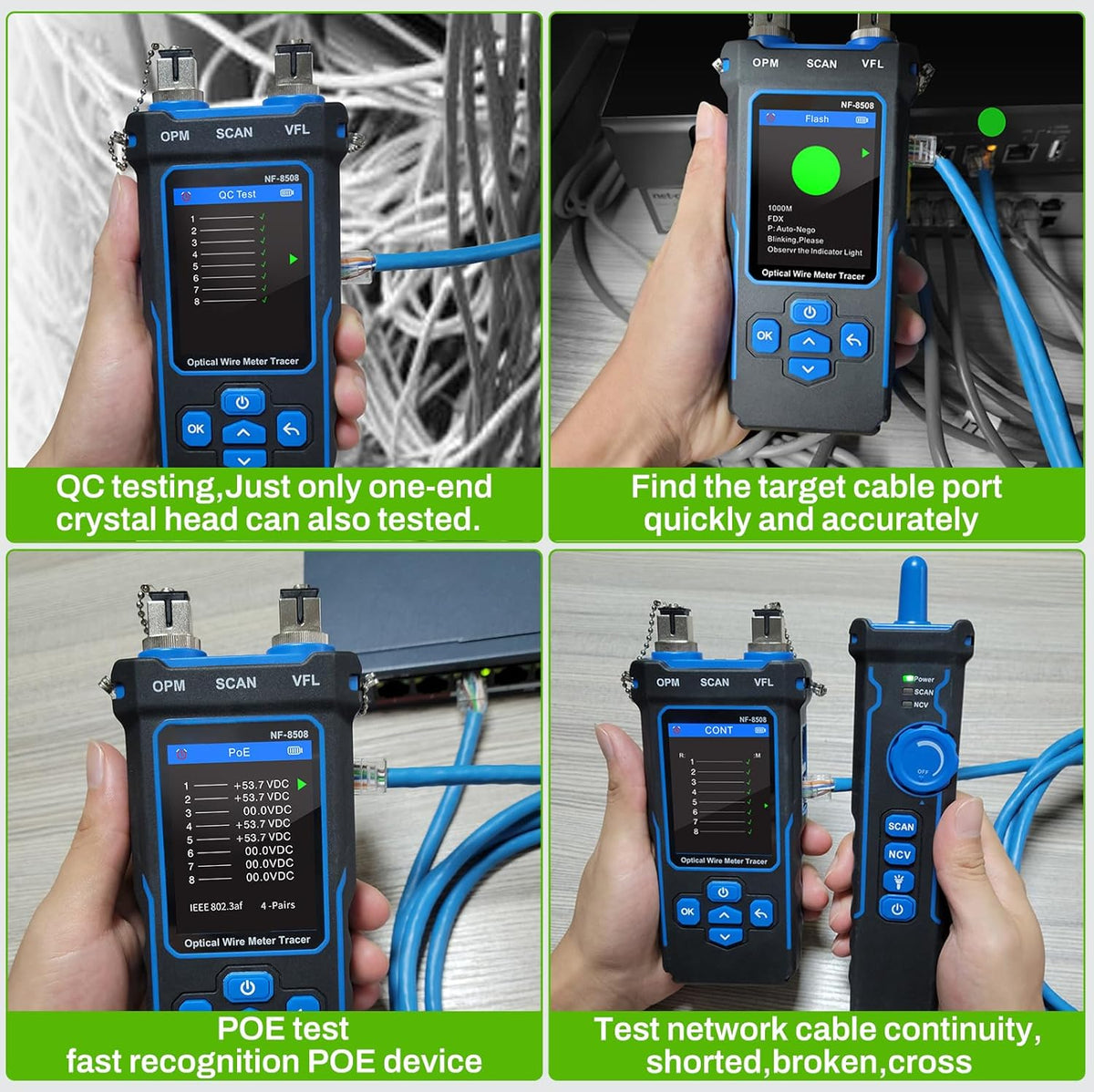 Netwerktester LAN tester met optische vermogensmeter CAT5 CAT6 netwerkkabeltester RJ11 RJ45 ethernet tester kabeltracking met NCV, poort flash, type C laadondersteuning.