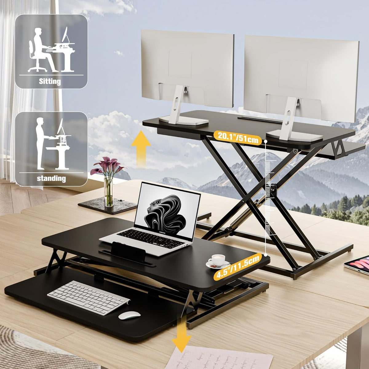 ERGOMAKER In hoogte verstelbare staande bureau converter - 80cm (32 inch)breed Platform tafelblad werkstation - snel zitten om te staan Desk Riser voor Dual monitoren, Zwart