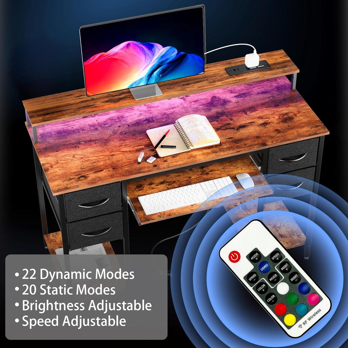 BEXEVUE Modern Bureau Stopcontacten LED - 120x50cm Gaming Computertafel, Toetsenbordlade 4 Omkeerbare Lades, Grote Opbergruimte Boekenplank Werkstation voor Studie Speel Werk Slaap Kamer Thuis Kantoor
