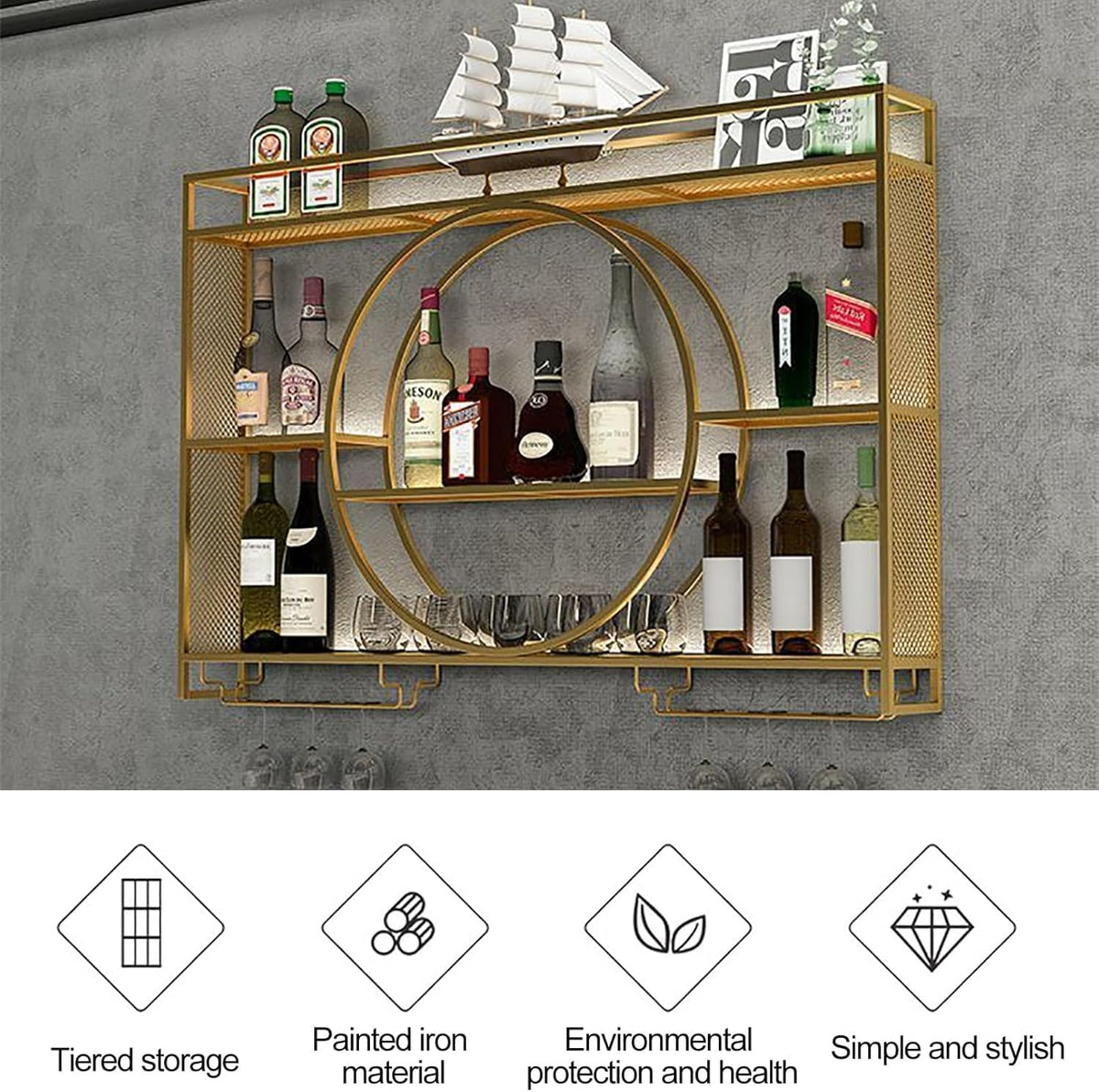 3-laags wijnrek aan de muur, flessenrek van metaal met glashouder, wijnstandaard aan de muur gemonteerd, hangend display rek, wandgemonteerde wijnflessenrek, bar rek