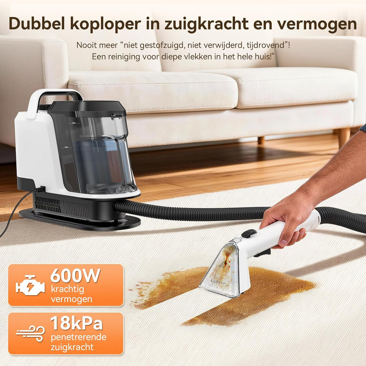 Tapijtreiniger – Vlekkenverwijderaar – Stoffenreiniger – Meubelreiniger – Schoonmaakmachine – Krachtige Zuigkracht 18 kPa – 600 Watt Motor – Dubbelzijdige Borstel – 2 Watertanks 1,2 L – Voegborstel – Zwart-Wit Variant