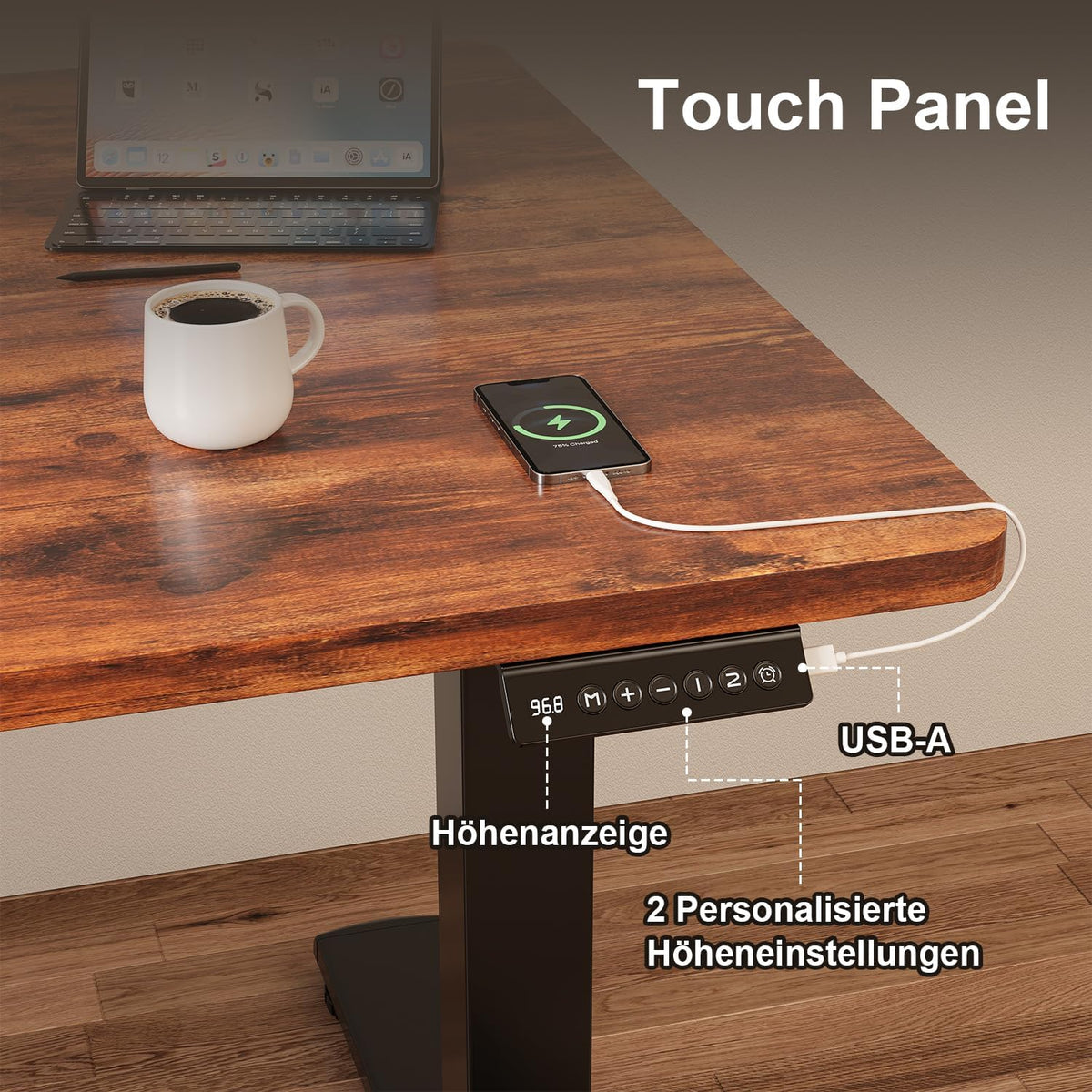 JUMMICO In hoogte verstelbaar bureau, compleet tafelblad, elektrisch bureau, in hoogte verstelbaar met geheugenfunctie, state-tafel, computertafel, 140 x 60 cm, bruin