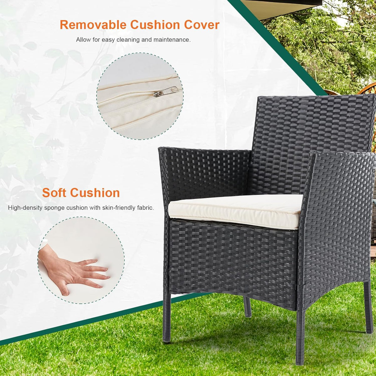 Patio Furniture Conversation Set Outdoor rotan stoel tuin PE rieten bank achtertuin balkon porch zwembadzijde loveseat met zacht kussen en glazen tafel, 3-delig, zwart
