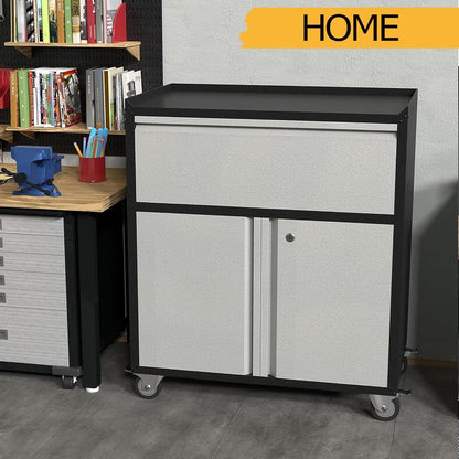 gereedschapskast met laden, werkplaatswagen garagekast met wielen en 2 afsluitbare deuren, metalen kast ideaal voor gereedschap en accessoires