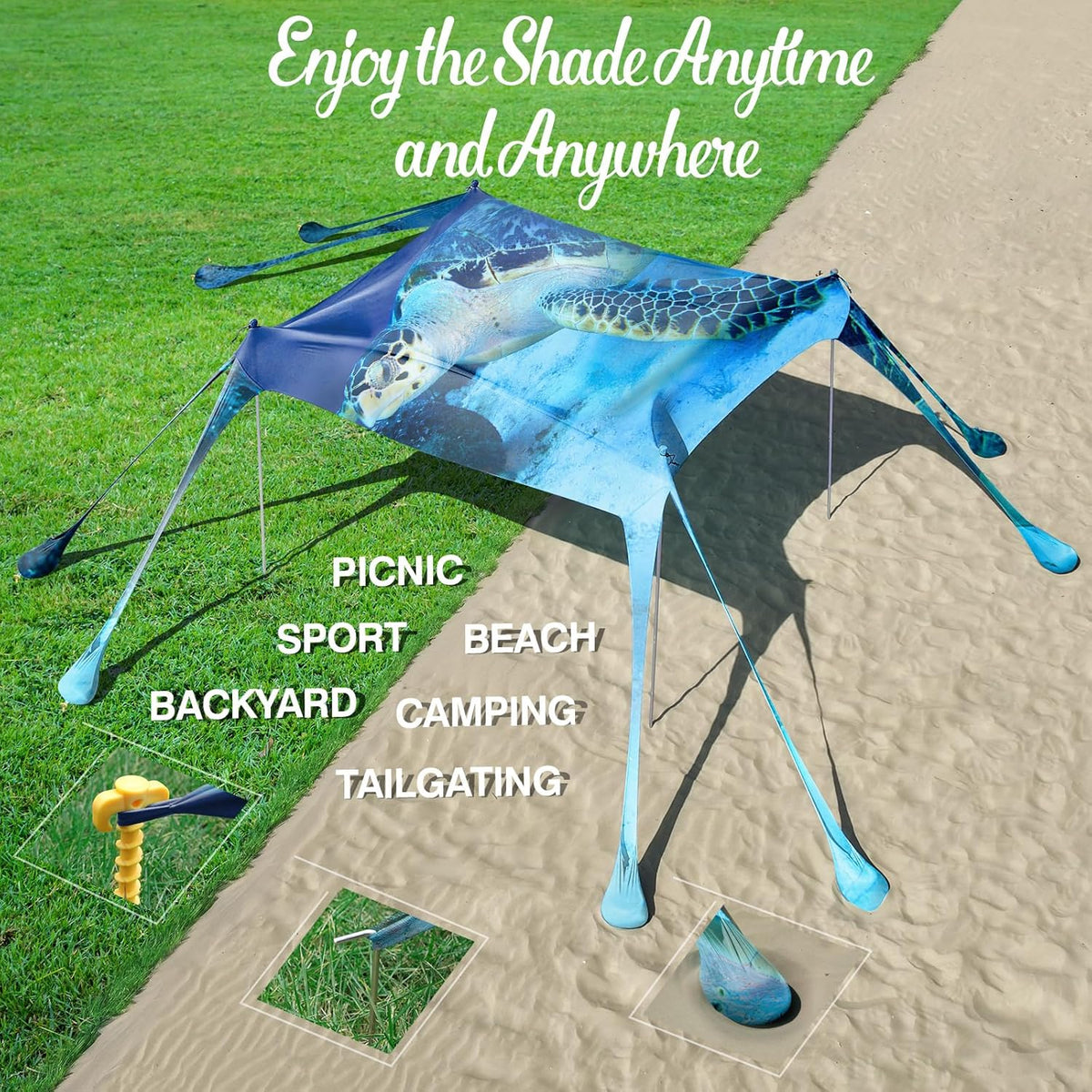 Rhino Valley Beach Tent Sun Shelter, Beach Canopy Tent Sun Shade UPF50+ Protection with 8 Sandbags 4 Stability Poles, Outdoor Beach Shade Canopy Camping, Fishing, 10 * 10FT, Dark Blue Turtle