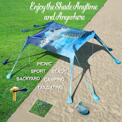 Rhino Valley Beach Tent Sun Shelter, Beach Canopy Tent Sun Shade UPF50+ Protection with 8 Sandbags 4 Stability Poles, Outdoor Beach Shade Canopy Camping, Fishing, 10 * 10FT, Dark Blue Turtle