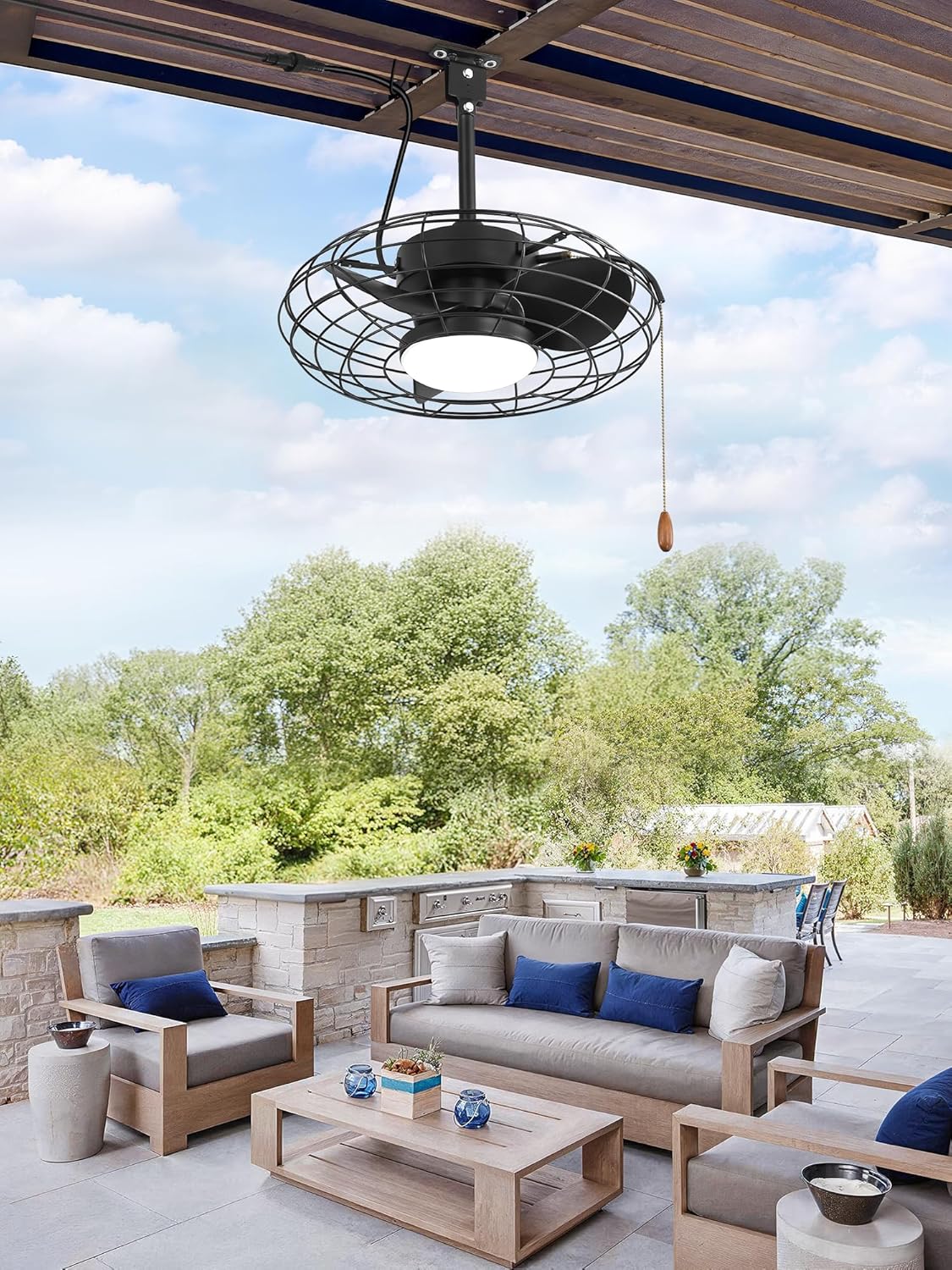 ZMISHIBO Buitenplafondventilator met licht, IP65 waterdicht, kooidesign, afstandsbediening en app-bediening, dimbare led, 3 kleurtemperaturen, voor terras, pergola en paviljoen, 15/25 cm stangen, 5 m