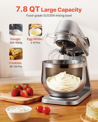 VEVOR Blender, 1800 W, kom van roestvrij staal, 7,4 l, kneedhaak, garde en garde, 10 snelheden, verstelbare helling, 411 x 253 x 342 mm, voor het mengen van crème, groenten en deeg