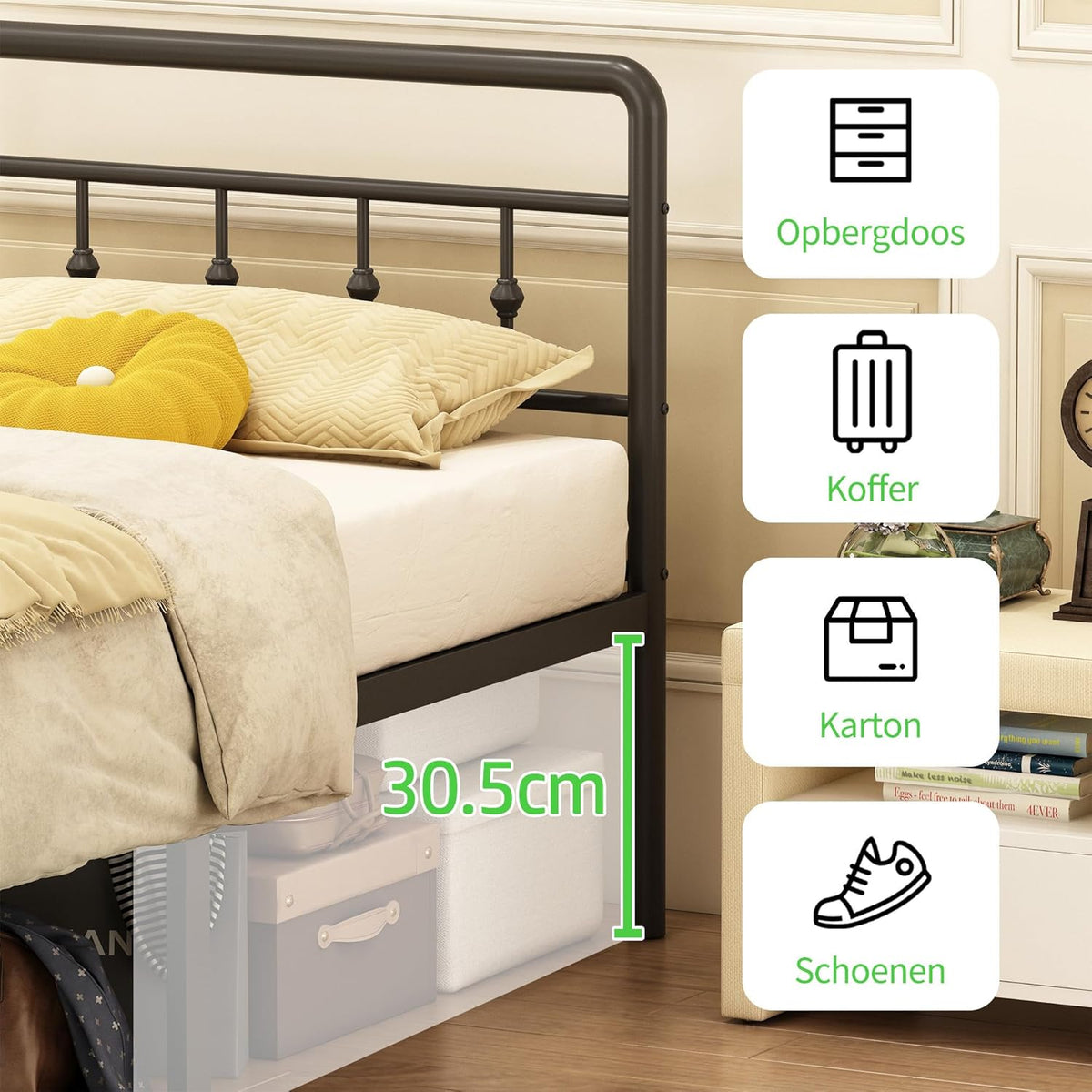 EMODA Metalen Bed Frame 160 x 200 cm met vintage style Hoofdeinde en Voetenbord, Heavy Duty Bedframe 36cm hoog met stalen lattenbodem, Eenvoudige montage, Geluidsvrij, Zwart