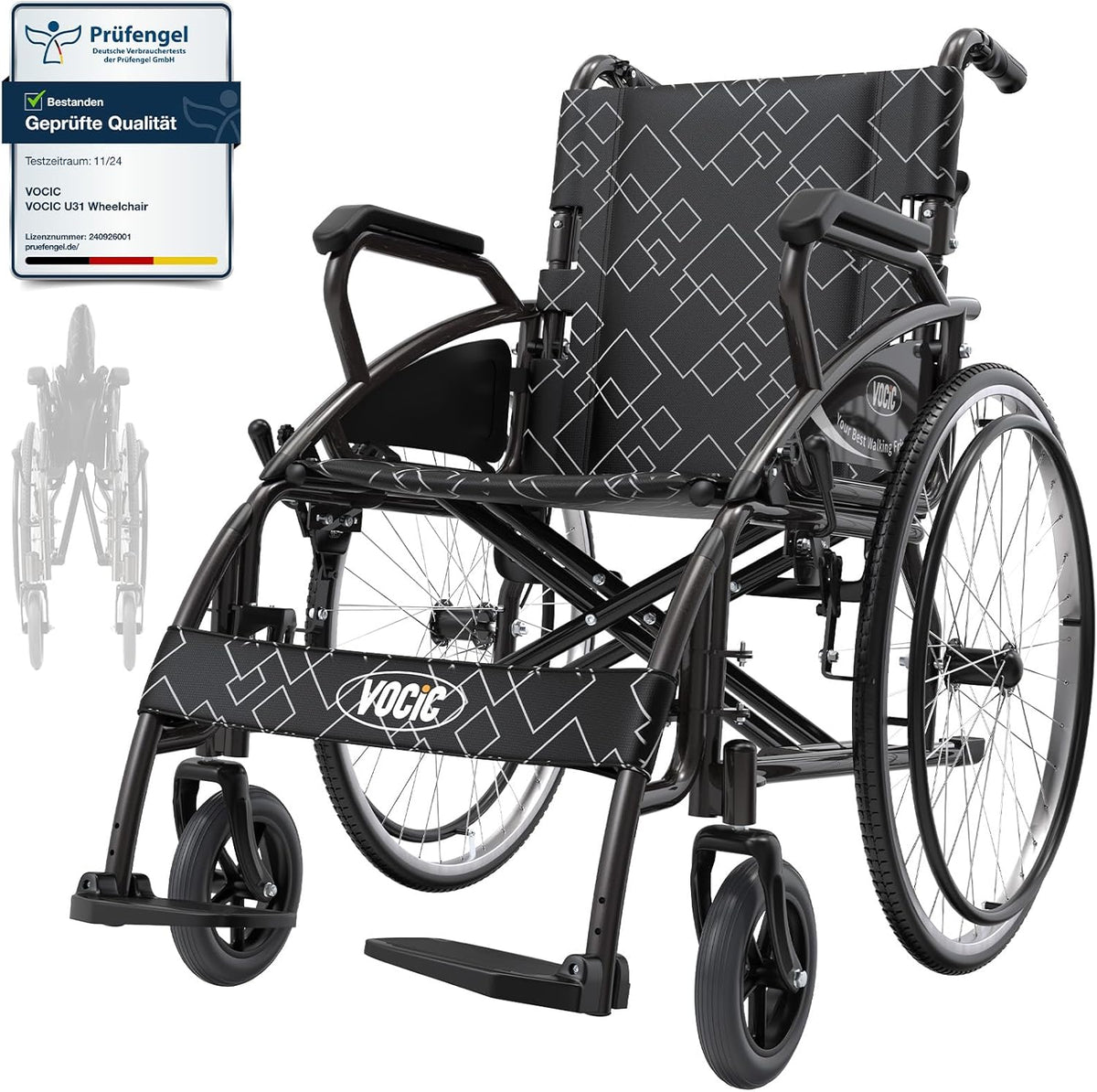 VOCIC U31 Rolstoel, licht, 150 kg, aluminium rolstoel, 17,5 kg, dubbele rem, rolstoel voor senioren, solide banden, 60 cm voor alle vloeren, grijs